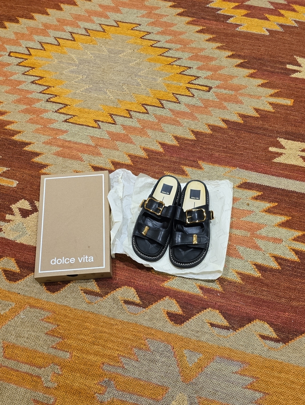 Size 8 - Dolce Vita Kids Black Slide Sandals with Gold Buckles Sevana BLACK